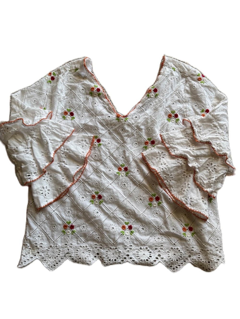 Floral Embroidered White Blouse with ruffled tier sleeves large